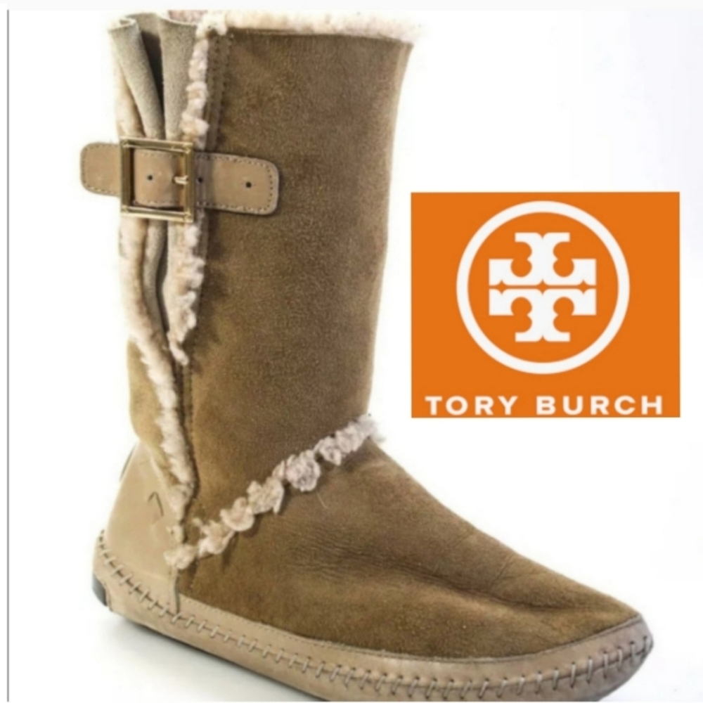 Tory Burch BOHO Suede Logo Buckle Moccasin Boots real sherling